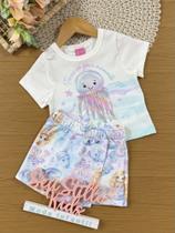 Conjunto Infantil Cinti Verão com Short Saia e Blusa Branca Polvinho