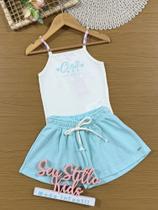Conjunto Infantil Cinti Verão com Shorts Azul e Blusa Branca Corações