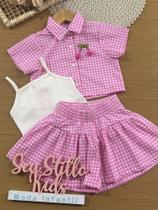Conjunto Infantil Cinti Verão com Shorts, Blusa e Sobreposição Rosa Xadrez