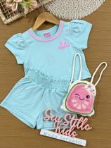 Conjunto Infantil Cinti Verão com Shorts e Blusa Azul Fruits com Bolsinha