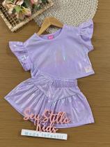 Conjunto Infantil Cinti Verão com Shorts e Blusa Lilás Holográfica
