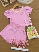 Conjunto Infantil Cinti Verão com Shorts e Blusa Rosa Fruits com Bolsinha