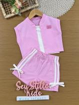 Conjunto Infantil Cinti Verão com Shorts e Colete Rosa Cachorrinha e Cropped Branco