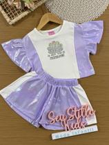 Conjunto Infantil Cinti Verão com Shorts Lilás e Blusa Branca Conchinha