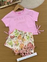 Conjunto Infantil Cinti Verão com Shorts Off White e Blusa Rosa Hello