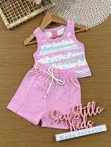 Conjunto Infantil Cinti Verão com Shorts Rosa e Blusa Listrada Corações Conjunto Infantil Cinti Verão com Shorts Rosa e Blusa Listrada Corações