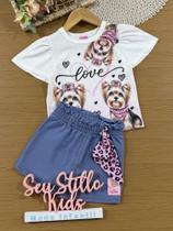 Conjunto Infantil Cinti Verão com Shorts Saia Azul e Blusa Branca Cachorrinha Love