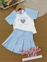 Conjunto Infantil Cinti Verão com Shorts Saia Azul e Blusa Branca Princess Conjunto Infantil Cinti Verão com Shorts Saia Azul e Blusa Branca Princess