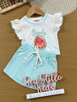 Conjunto Infantil Cinti Verão com Shorts Saia Azul e Blusa Off White Melancia