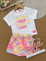 Conjunto Infantil Cinti Verão com Shorts Saia Colorido e Blusa Branca Frutinhas