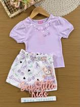 Conjunto Infantil Cinti Verão com Shorts Saia e Blusa Lilás Lacinhos