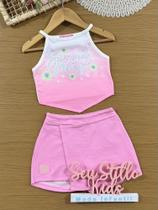 Conjunto Infantil Cinti Verão com Shorts Saia e Blusa Rosa Florzinha com Strass
