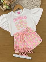 Conjunto Infantil Cinti Verão com Shorts Saia Rosa e Blusa Branca Happiness Conjunto Infantil Cinti Verão com Shorts Saia Rosa e Blusa Branca Happiness
