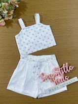 Conjunto Infantil Cinti Verão Shorts e Blusa Branca Bordado Paetês