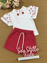 Conjunto Infantil Cinti Verão Shorts e Blusa Branca com Florzinha Vermelha