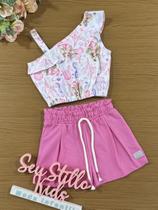 Conjunto Infantil Cinti Verão Shorts Rosa e Blusa Fundo do Mar Sereia