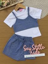 Conjunto Infantil Cinti Verão, Shorts Saia e Top Azul Florsinha com Blusa Branca
