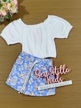 Conjunto Infantil Cinti Verão Shorts Saia Ursinha Blusa Branca