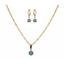 Conjunto Infantil Colar Brinco Flor Azul Céu Folheado Ouro