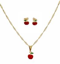 Conjunto Infantil Colar e Brinco Maçã Folheado Ouro 18k