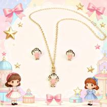 Conjunto Infantil Colar e Brincos Bonequinha Cores Vivas + Caixa