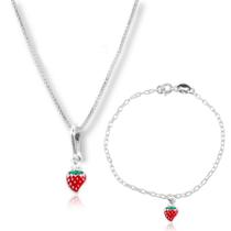 Conjunto Infantil Colar Pingente Pulseira Morango Prata Pura Conjunto Infantil Colar Pingente Pulseira Morango Prata Pura