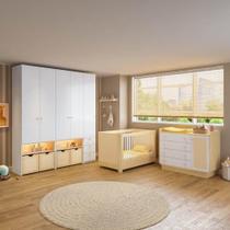 Conjunto Infantil com Berço, Cômoda e Guarda Roupas Modulados Wave Casatema Branco/Natural