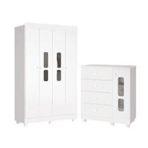 Conjunto Infantil Comoda Sapateira 4 Gavetas 1 Porta E Guarda Roupa 4 Portas Katatau Branco Brilho - Reller