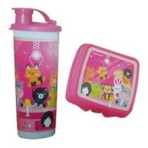 Conjunto infantil copo bico e sanduicheira pelúcia rosa da tupperware