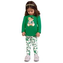Conjunto Infantil Cotton Blusa Verde Ursinho e Calça Legging Flores Milon