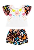Conjunto Infantil Cropped Em Malha Floral Abstrato E Short Moletom Preto Casual Nanai