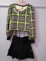 Conjunto Infantil Cropped Em Premium Xadrez Verde E Saia Em Montaria - Pic Nic
