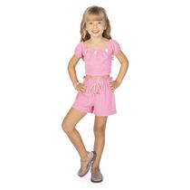 Conjunto Infantil Cropped Short Blogueirinha Azul Rosa Flores Menina Conjunto Infantil Cropped Short Blogueirinha Azul Rosa Flores Menina