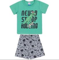 Conjunto infantil curto camiseta regata verde dino e bermuda preto com bolso lateral