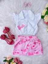 Conjunto Infantil da Barbie Branco C/ Saia Rosa e Laço