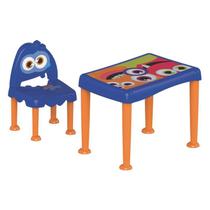 Conjunto infantil de 1 mesa e 1 cadeira plasticas montaveis monster azul e laranja - TRAMONTINA