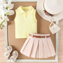 Conjunto Infantil de Bebê Para Meninas Social Moda Verão Casual Camisa E Saia com Cinto