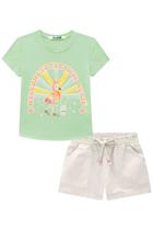 Conjunto Infantil de Blusa em Canelado Flamingo c/Aplique de Lantejoulas e Shorts em Sarja - kukiê