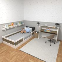 Conjunto Infantil de Cama Montessoriana e Escrivaninha com Regulagem de Altura Branco/Carvalho Mel Conjunto Infantil de Cama Montessoriana e Escrivaninha com Regulagem de Altura Branco/Carvalho Mel
