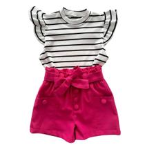 Conjunto Infantil De Verão Short Linho Com Laço Frontal Blusinha Menina Manga Regata De Babadinho