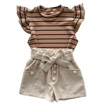 Conjunto Infantil De Verão Short Linho Com Laço Frontal Blusinha Menina Manga Regata De Babadinho