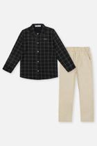 Conjunto Infantil Divertto com Camisa de Botão Xadrez Preto e Cinza e Calça Bege