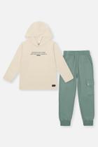 Conjunto Infantil Divertto com Moletom Bege com Capuz e Calça Verde com Bolsos