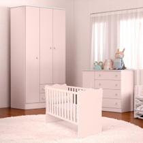 Conjunto Infantil Doce Sonho Rosa Acetinado: Berço Doce Sonho + Kit Rodízios + Cômoda Doce Sonho + Guarda-Roupa Doce Sonho