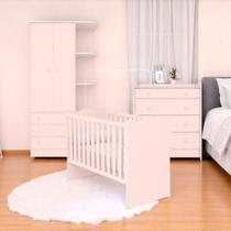 Conjunto Infantil Doce Sonho Rosa: Berço Doce Sonho + Kit Rodízios + Cômoda Doce Sonho + Guarda-Roupa Doce Sonho