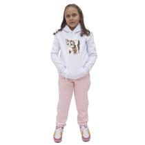 Conjunto Infantil Estampa Gatinho Blusa de Frio Canguru Capuz Menina Calça Basica Algodao Poliester