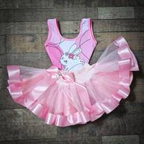 Conjunto Infantil Fantasia Body e Saia de Tule Estampa Coelho Coelhinho da Páscoa Rosa COD.000520