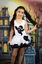 Conjunto Infantil Fantasia Body e Saia de Tule Halloween Dia das Bruxas Fantasma Branco