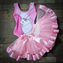 Conjunto Infantil Fantasia Carnaval Body e Saia de Tule Estampa Coelho Coelhinho da Páscoa Rosa