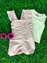 Conjunto Infantil Femenino Blusa Regata e Macaquinho Listrado Bordado
